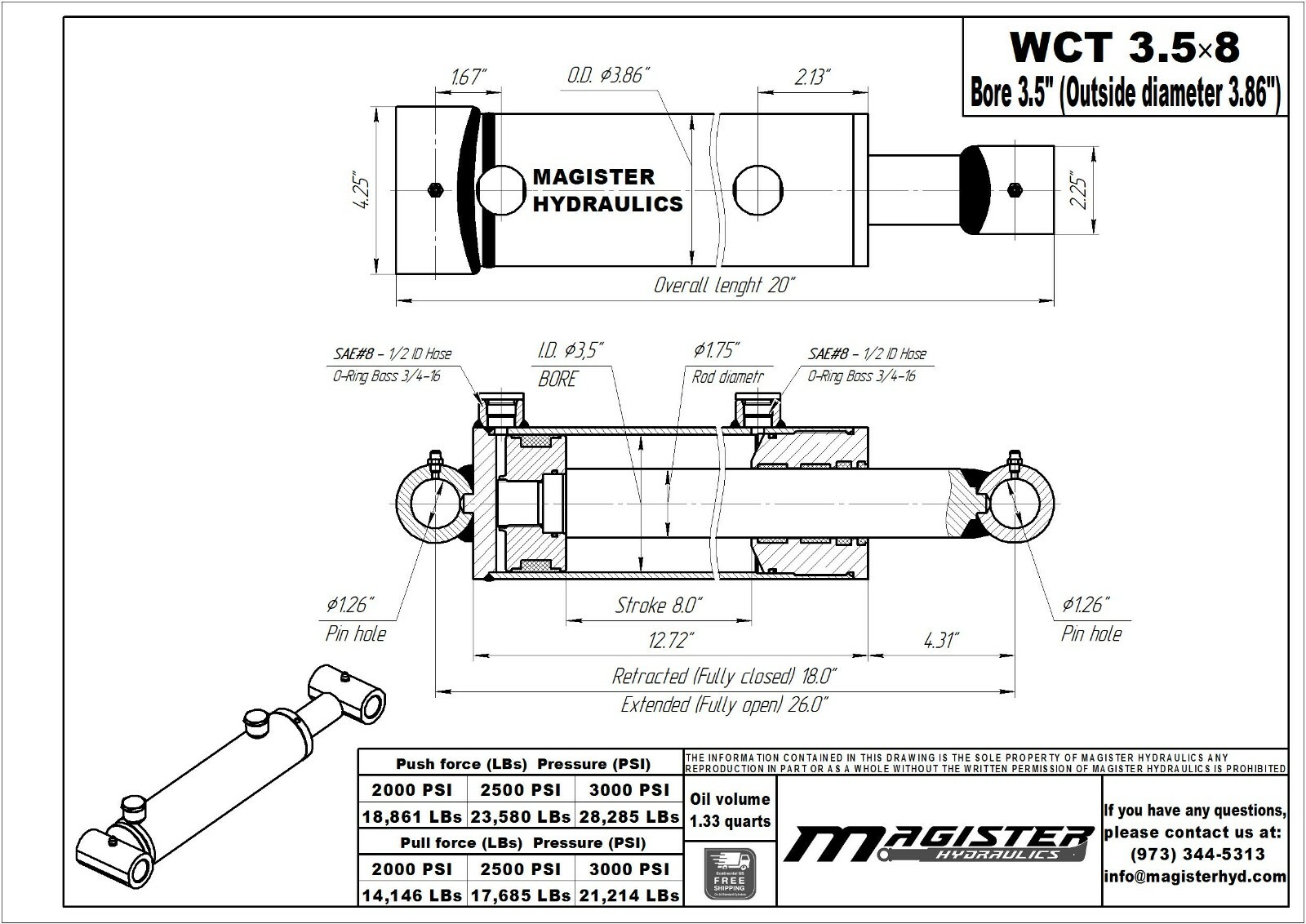 Hydraulic Cylinder Welded Double Acting 3.5″ Bore 8″ Stroke Cross Tube 3.5×8 NEW
