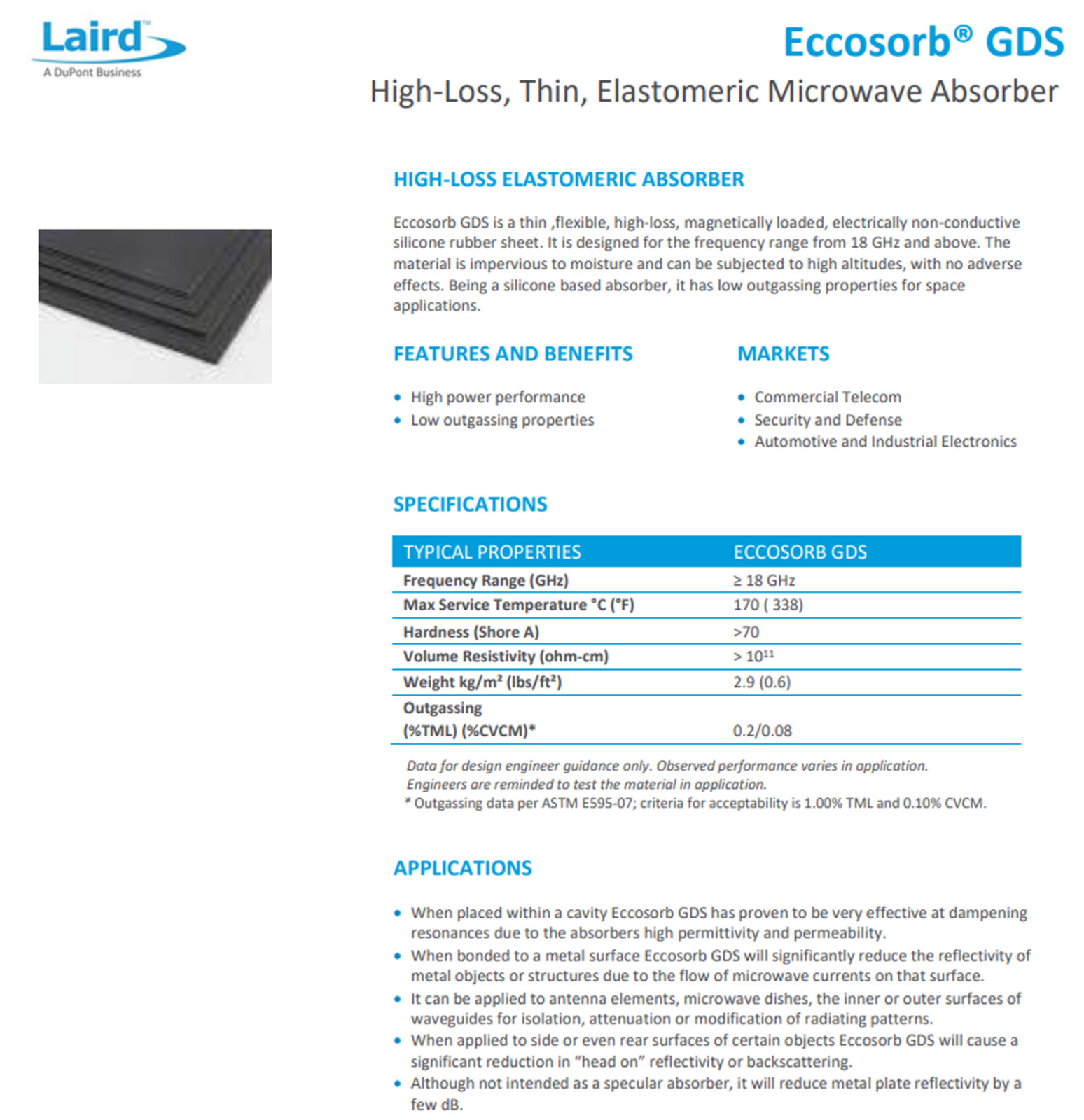 1pc Eccosorb GDS Microwave RF Mode Absorber w/ PSA 0.20″ x 1.90″ x 0.02″