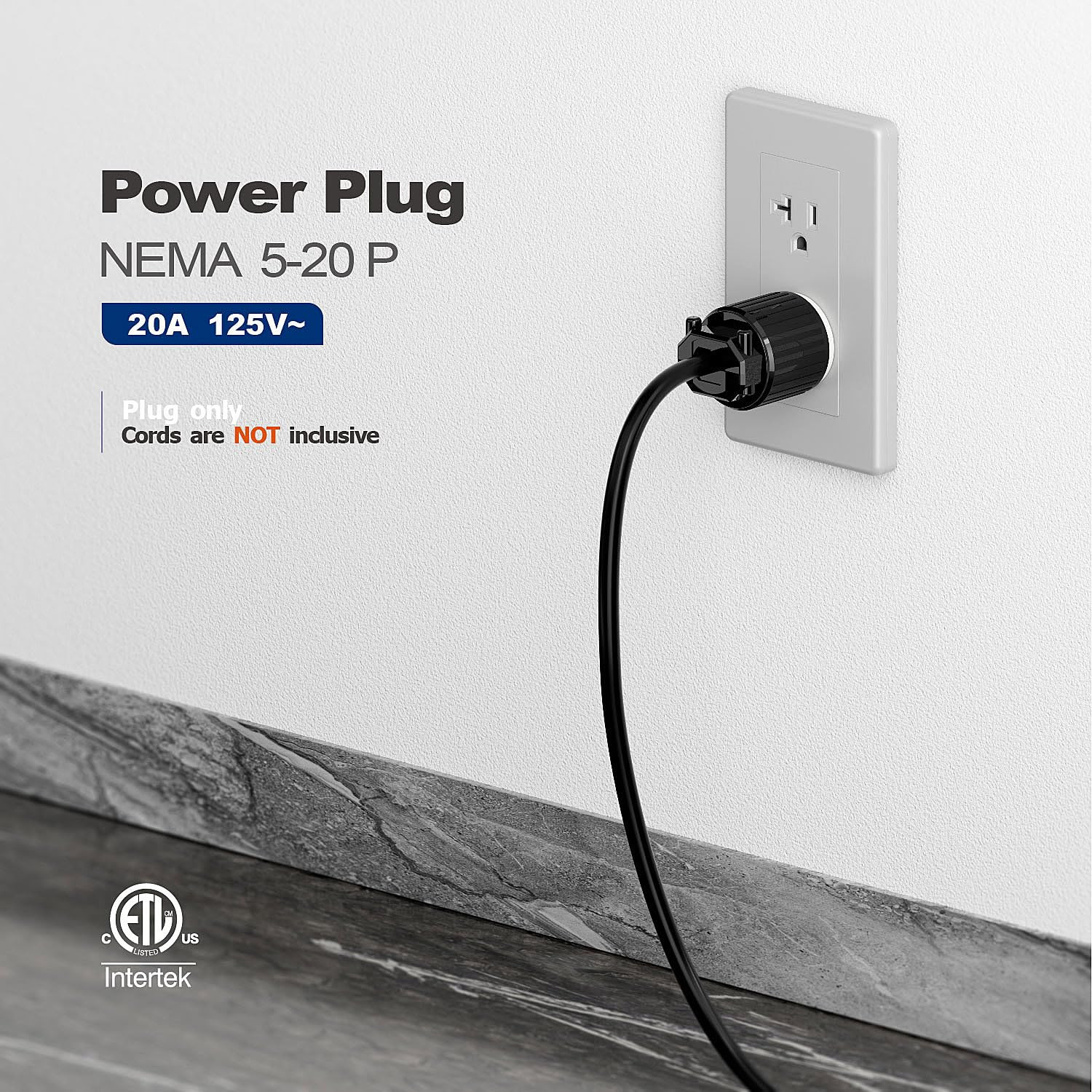 NEMA 5-20P Plug, 20A 125V Heavy Duty Industrial Male Plug, ETL Listed Rewireable