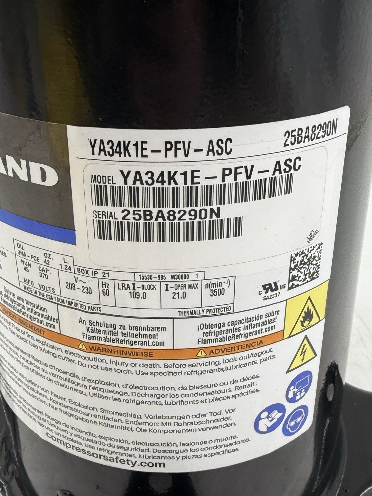 Copeland Scroll Compressor YA34K1E-PFV-ASC 230V 1 PH 60 Hz Tested #A1-21