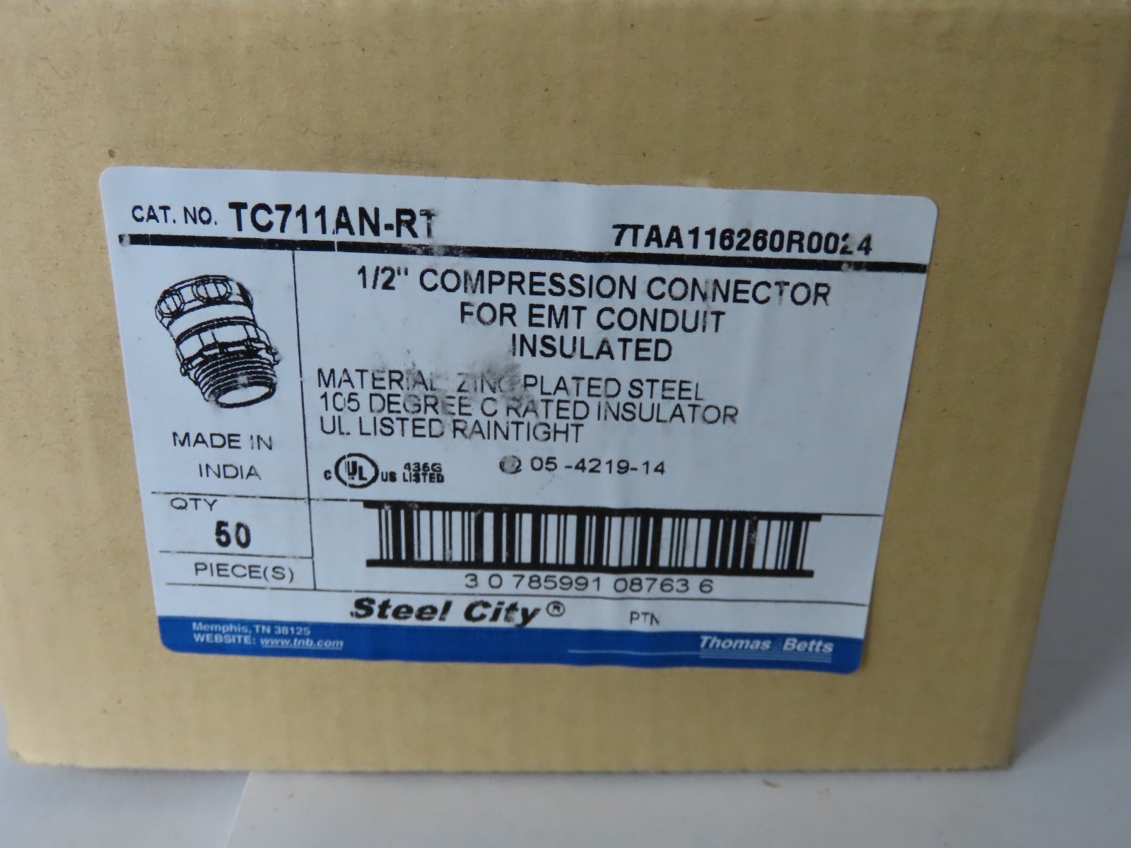 STEEL CITY 1/2″ COMPRESSION CONNECTOR FOR EMT CONDUIT INSULATED TC711AN-RT