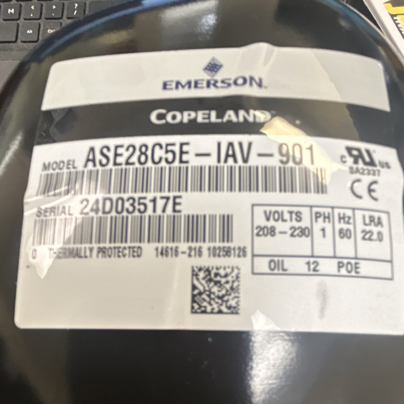 Emerson Copeland ASE28C5E-IAV-901 Compressor, 208-230V, 1 Phase, Black