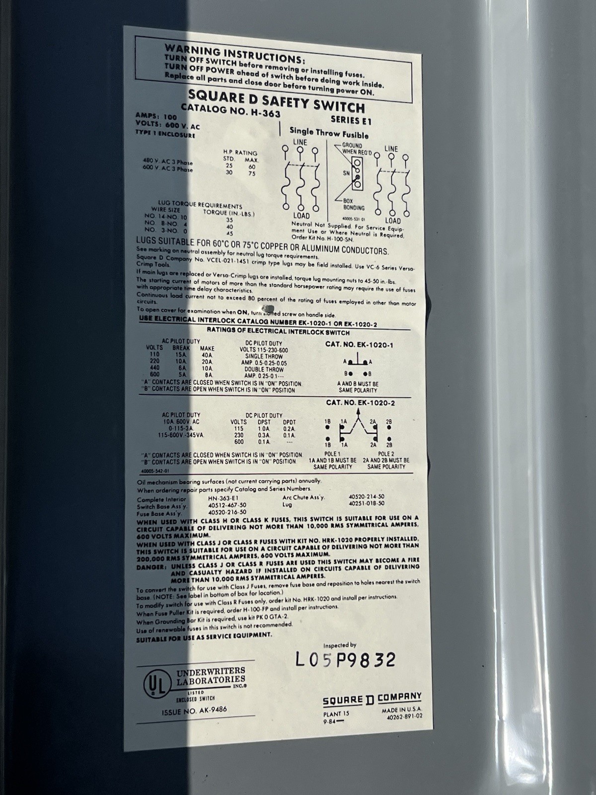 Square D Safety Switch 100A 600V AC Fusible Metal Gray, MPN H-363