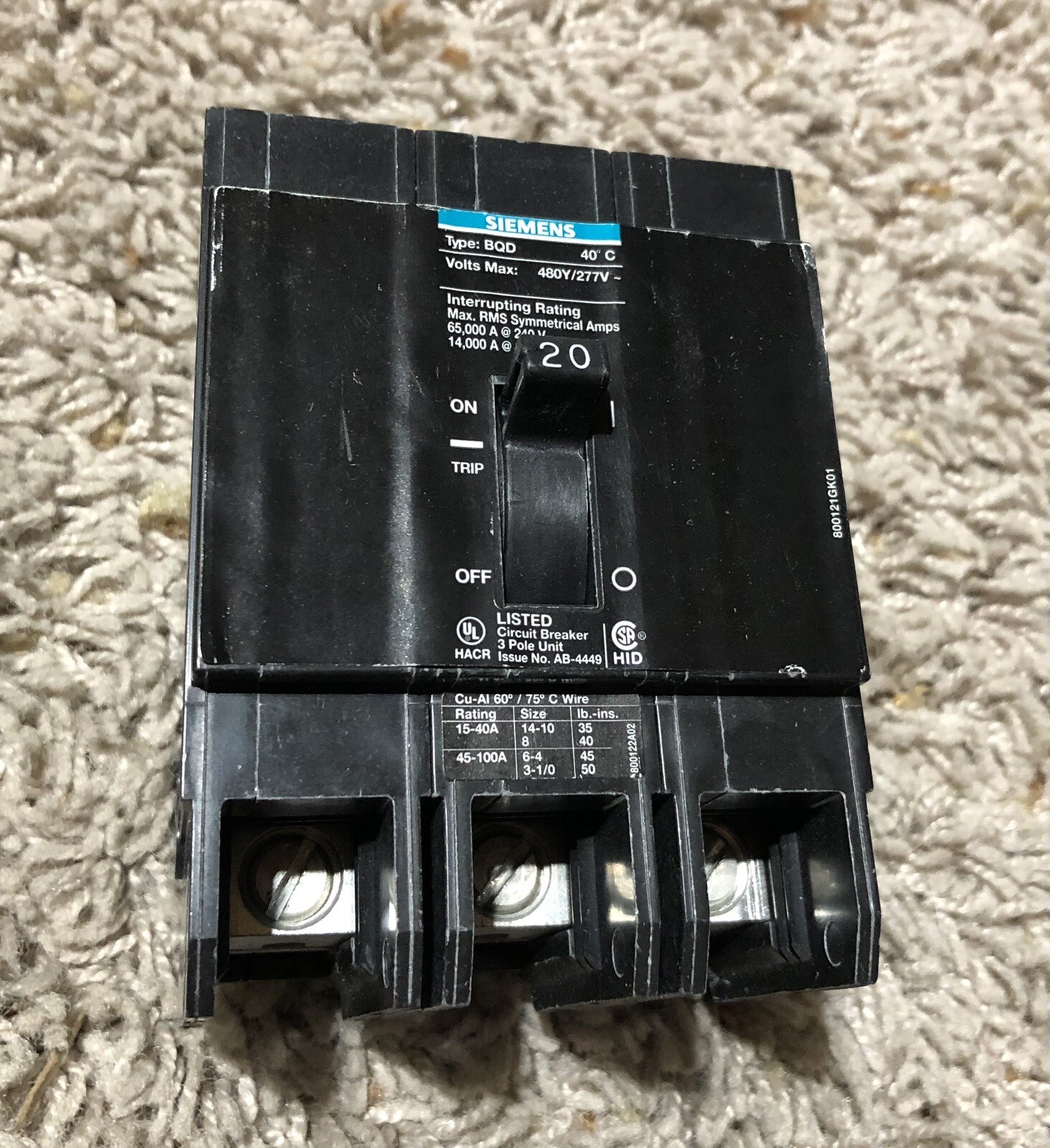 Siemens BQD320 3 Pole 20 Amp 480 Volt 3 Pole Breaker
