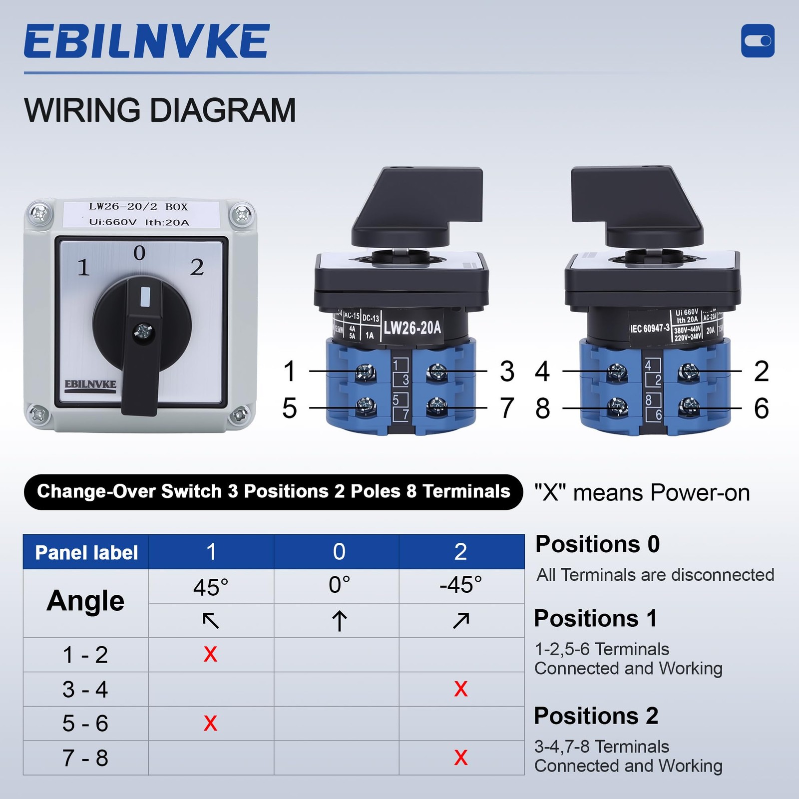 EBILNVKE Changeover Switch 3 Position 20A 8 Terminals 380V Latching