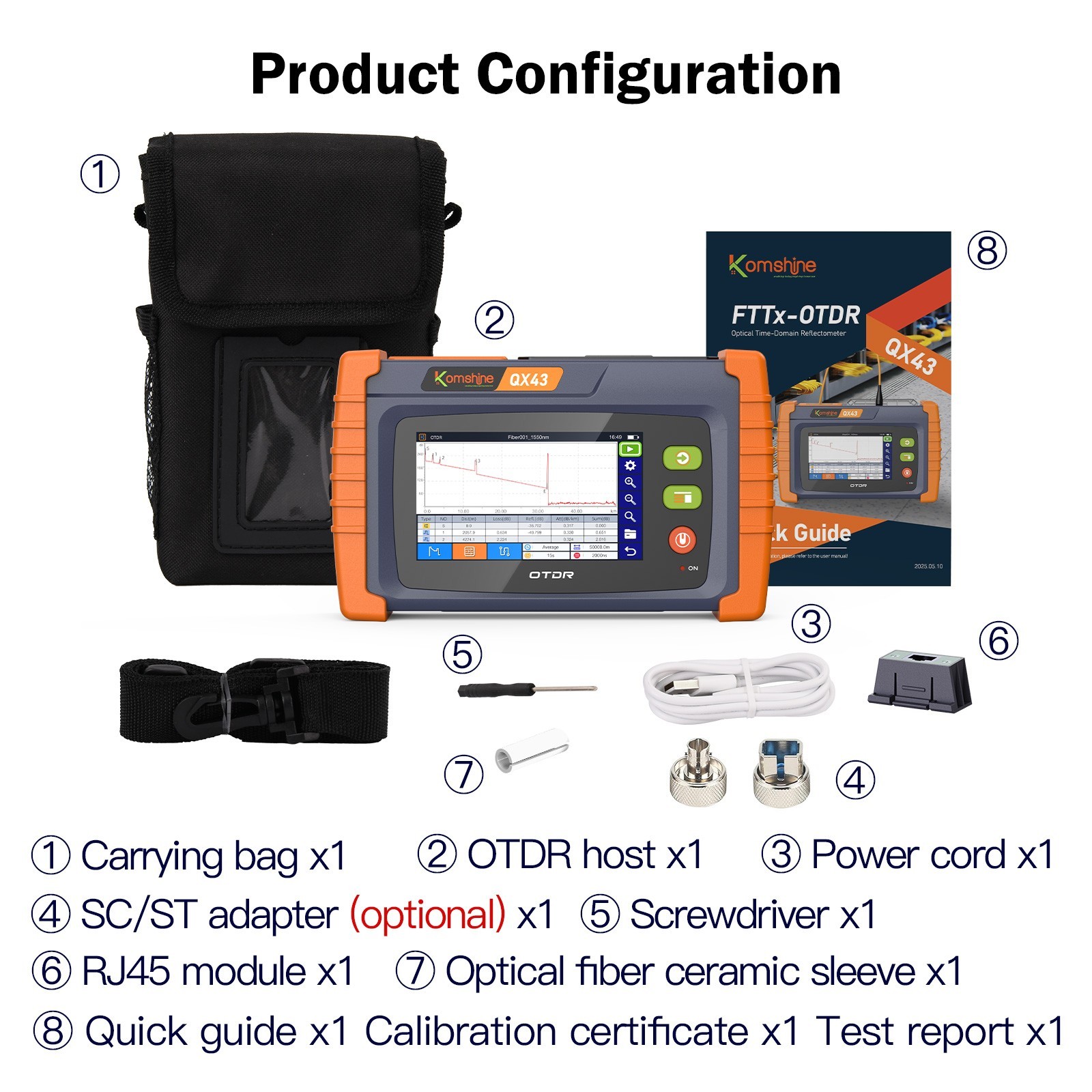 Komshine Fiber Optic OTDR 1310/1550nm 26/24dB Build in OPM/VFL/OLS/RJ45 Function