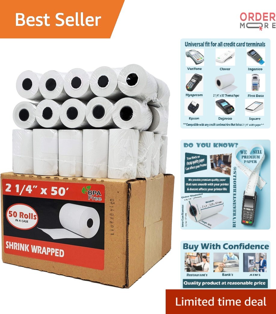 Thermal Receipt Paper Rolls 2 1/4 x 50ft, BPA Free, Recyclable for POS Machines