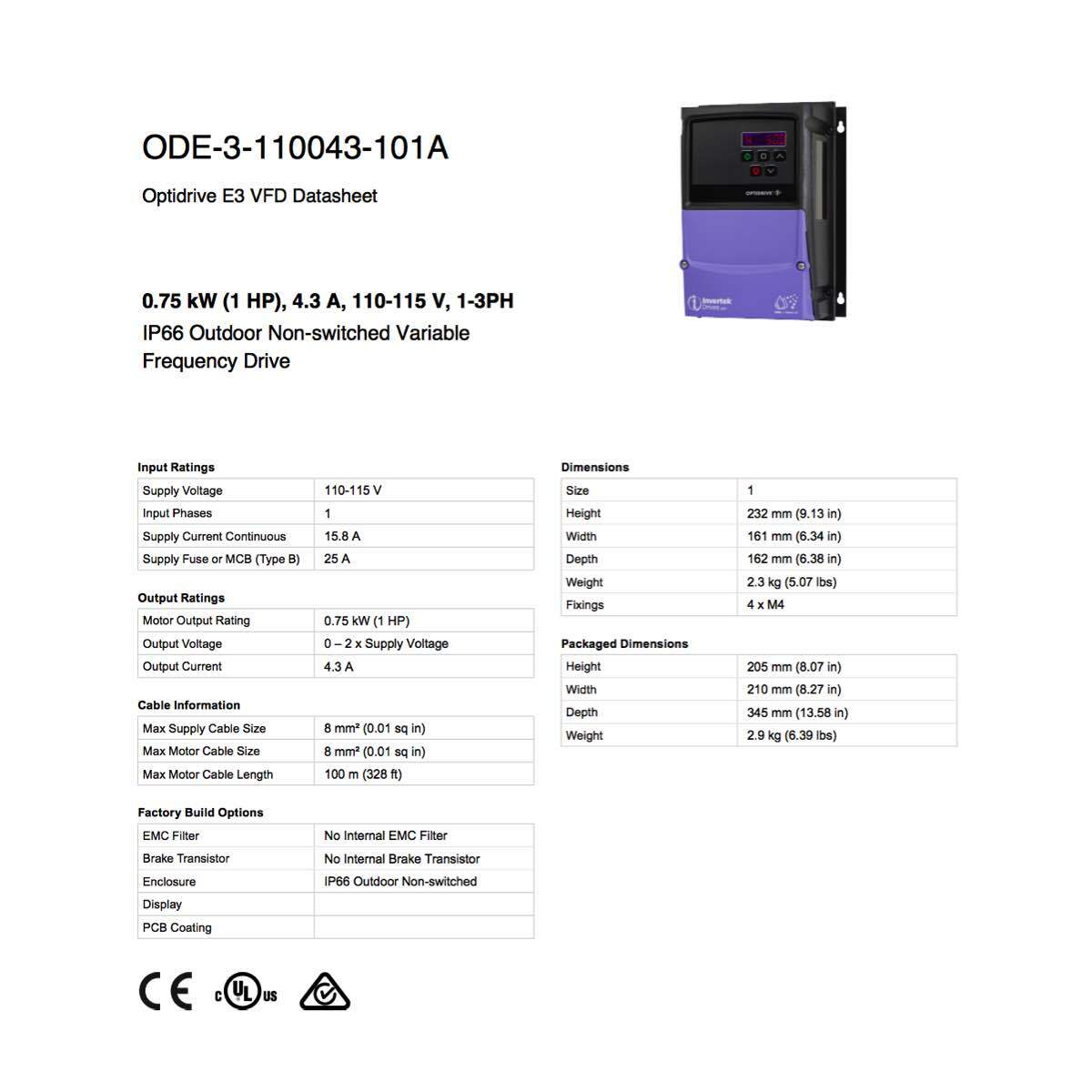 ODE-3-110043-101A – Invertek VFD – 1HP 4.3A 110V-115V 1Ph/3Ph – VFDexchange