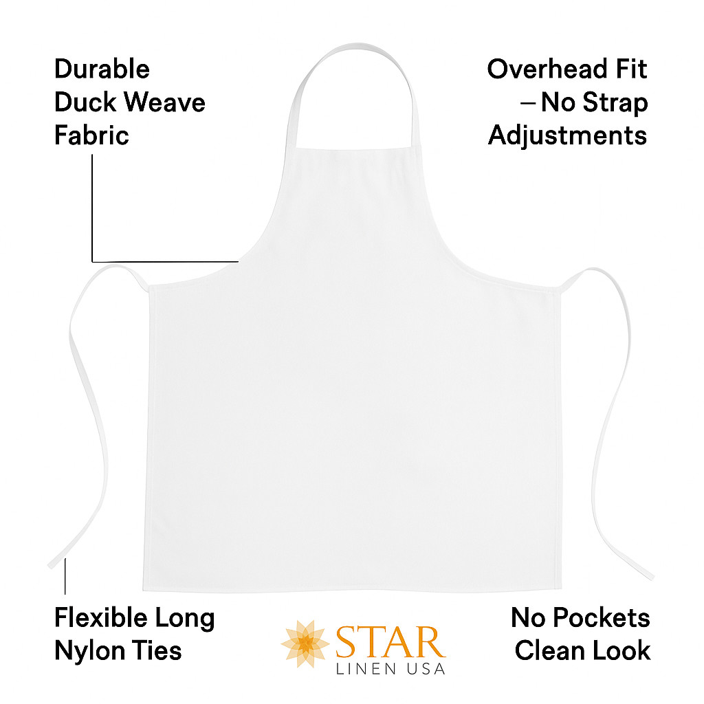 34″ x 36″ White Bib Apron Without Pockets, Duck Weave Cotton-Poly Blend Long Tie