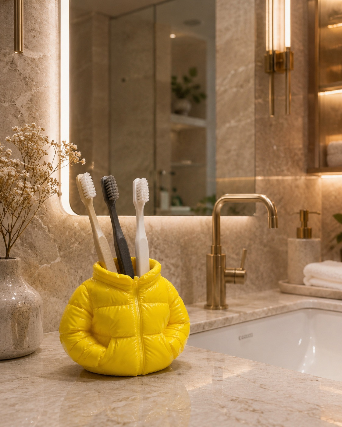 Yellow Puffer Jacket Holder 3D Printed Pencil Makeup Brush Toothbrush Organizer