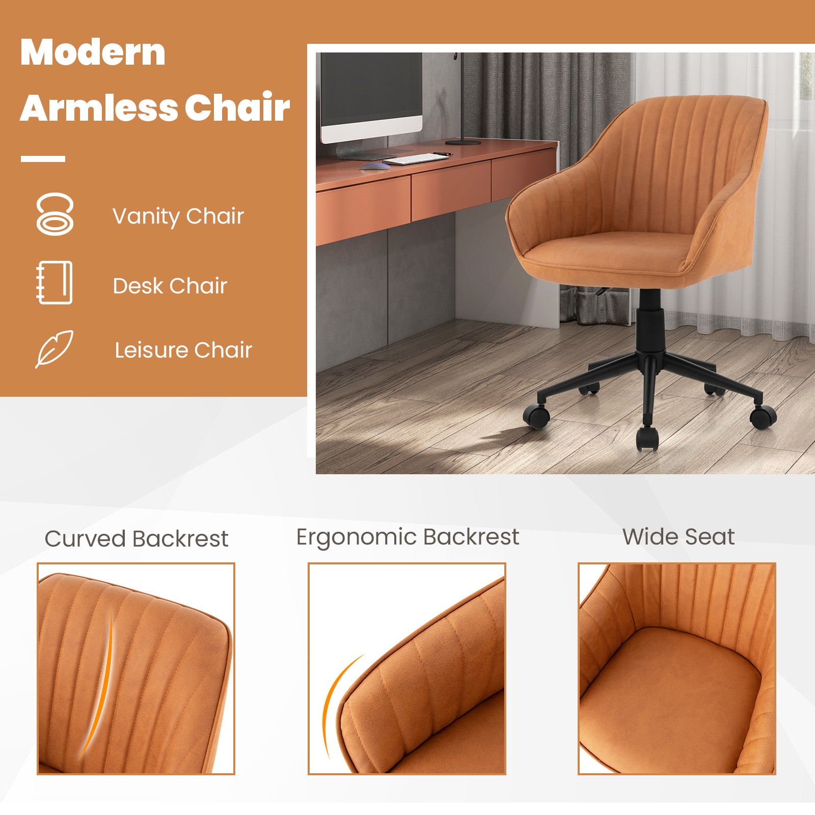 Costway Adjustable Swivel Leisure Desk Chair PU Leathaire Home Office Arm Chair