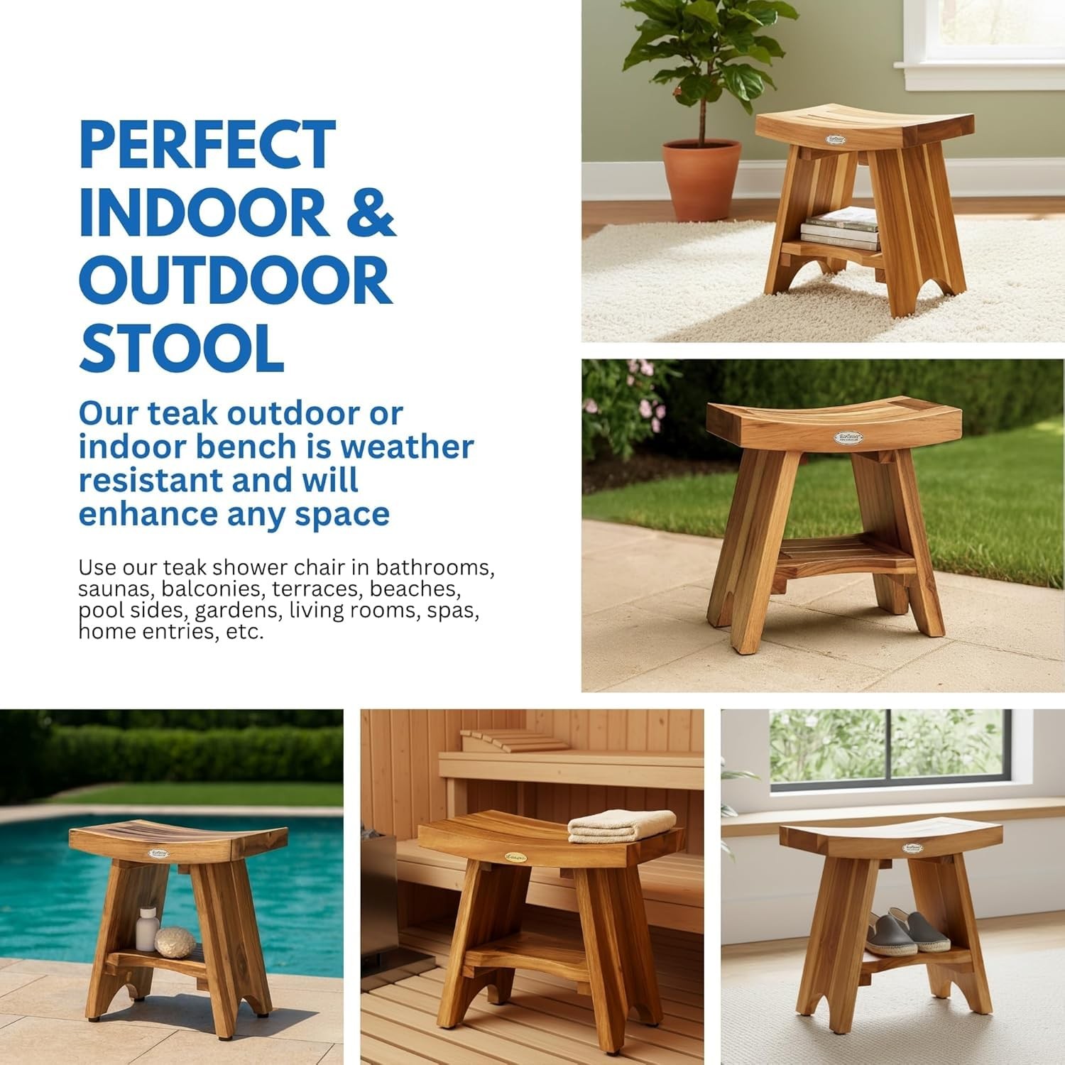 EcoDecors Teak Shower Bench 18″ 300 lb Capacity Waterproof Bath Seat with Shelf