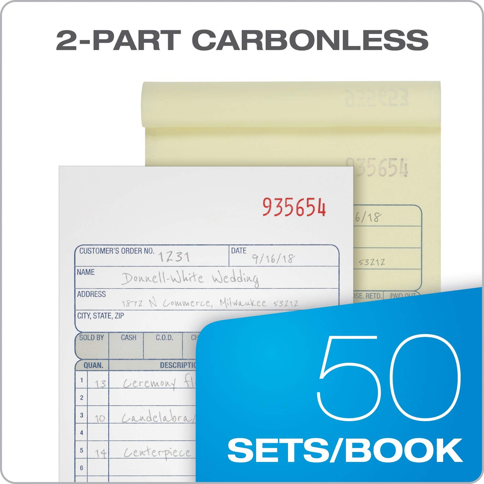 Adams Sales Order Book, 2-Part, 50 Count (Pack of 1), White/Canary