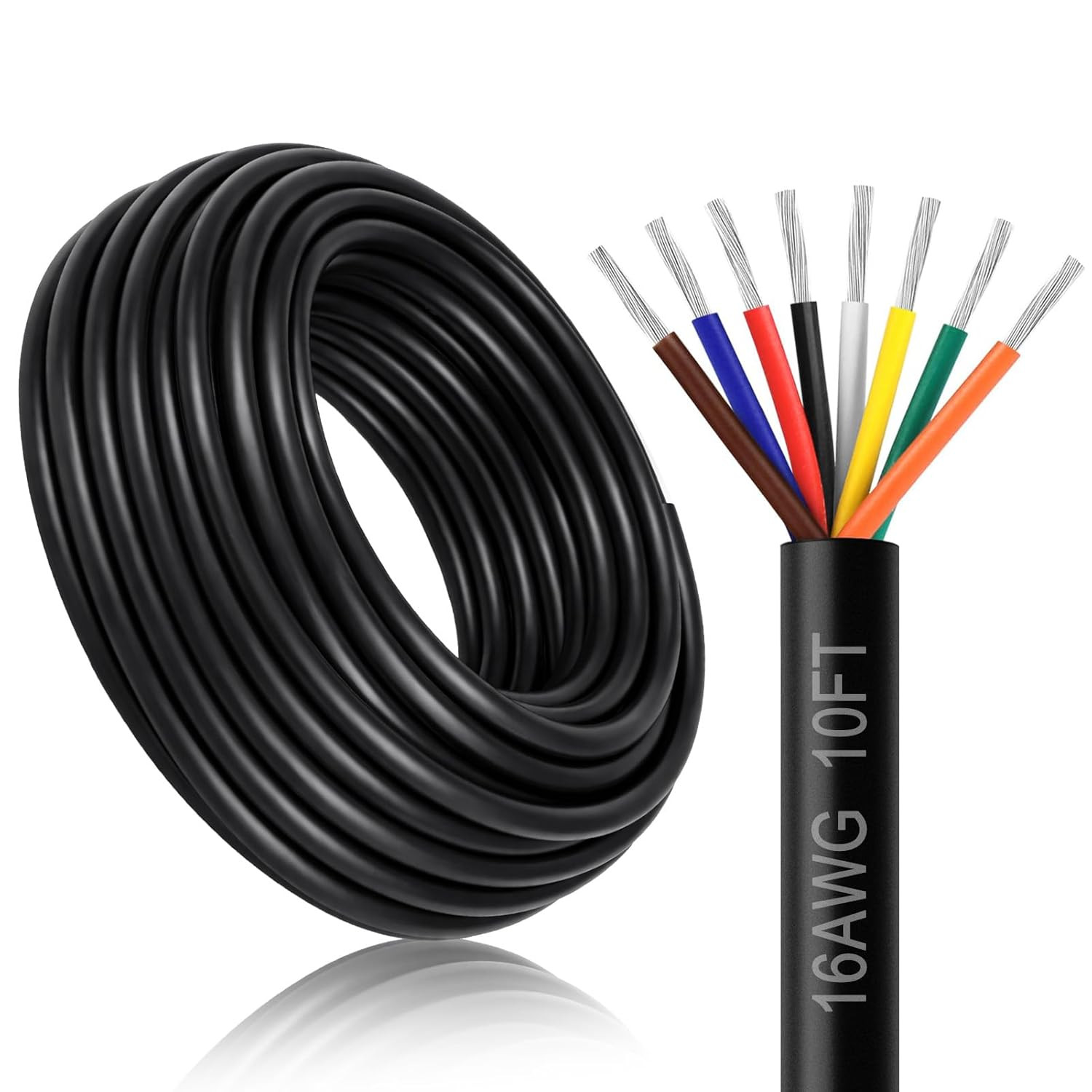 16 Gauge 8 Conductor Electrical Wire, 10FT 16AWG Black PVC Stranded Tinned Coppe