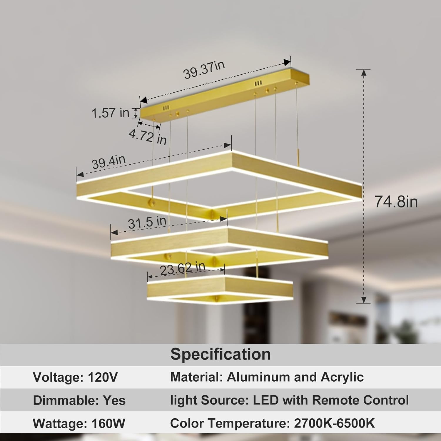 Modern Gold 3-Ring Square LED Chandelier Dimmable Ceiling Light w/ Remote