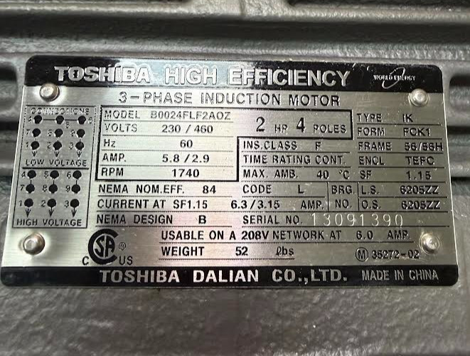 Toshiba B0024FLF2AOZ 2 HP 3-Phase Induction Motor 1740 RPM TEFC 56 Frame – NIB