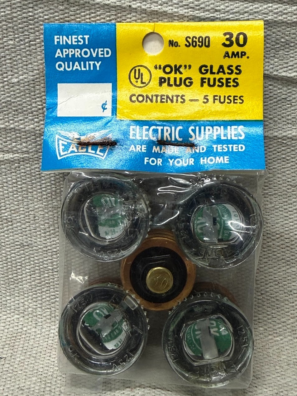 Eagle S 690 30-Amp 125-Volt Glass Plug Screw Fuse 5-Pkg. NOS