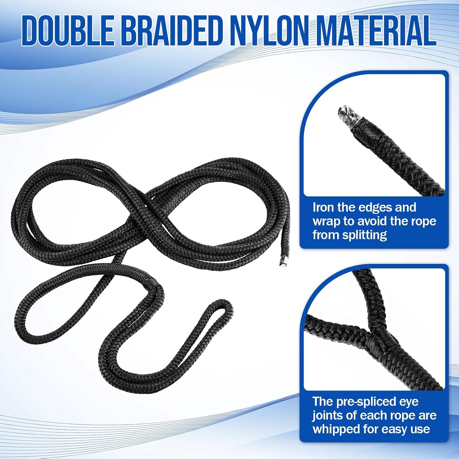 4pc 3/8″ x 15 FT Boat Dock Lines Nylon Double Braided Mooring Rope 12″ Black
