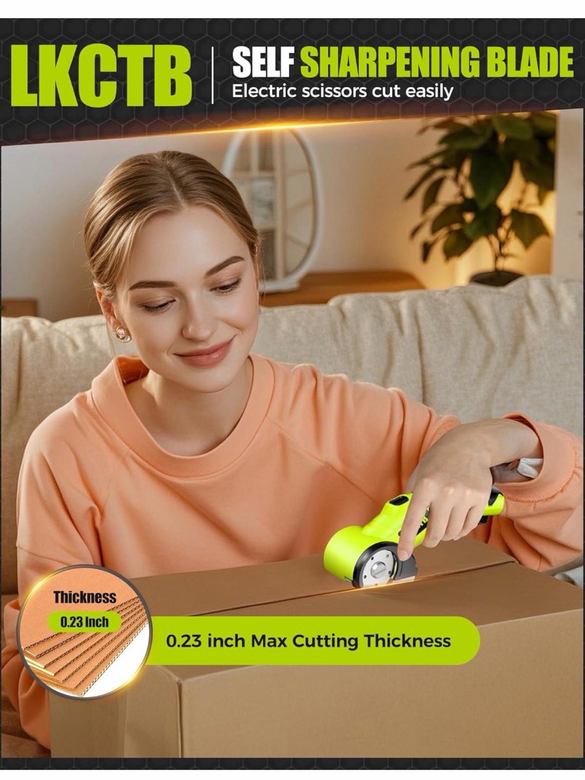 LKCTB Electric Scissors, Cardboard Cutter With LED Light, 2000mAh Battery *green