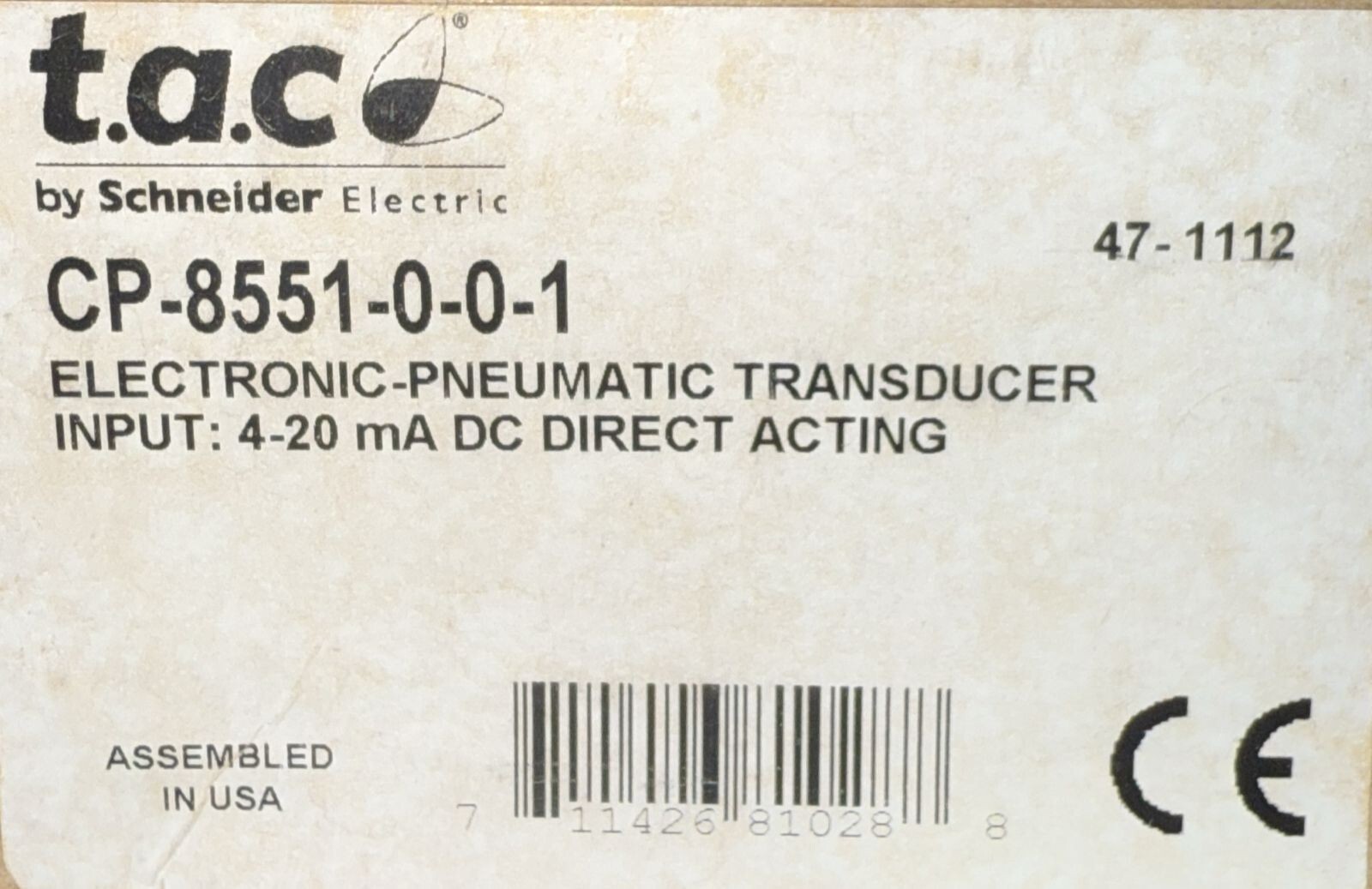 SCHENIDER ELETRIC CP-8551-0-0-1 Electronic Pneumatic Transducer input – New Box