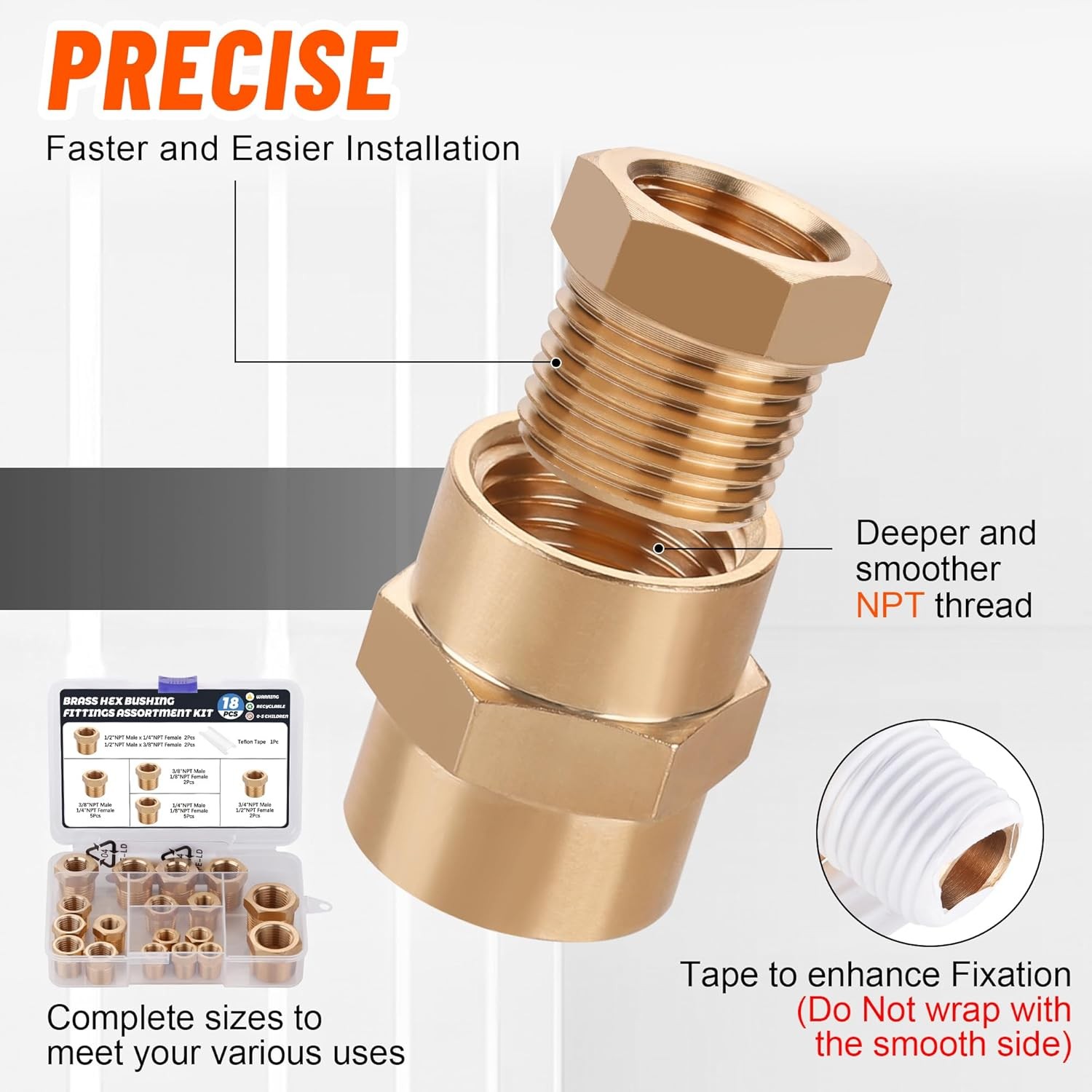 18PCS Brass Hex Bushing Fitting Kit,1/4″ – 1/8″, 3/8″ – 1/8″,3/8″ – 1/4″,1/2″ –