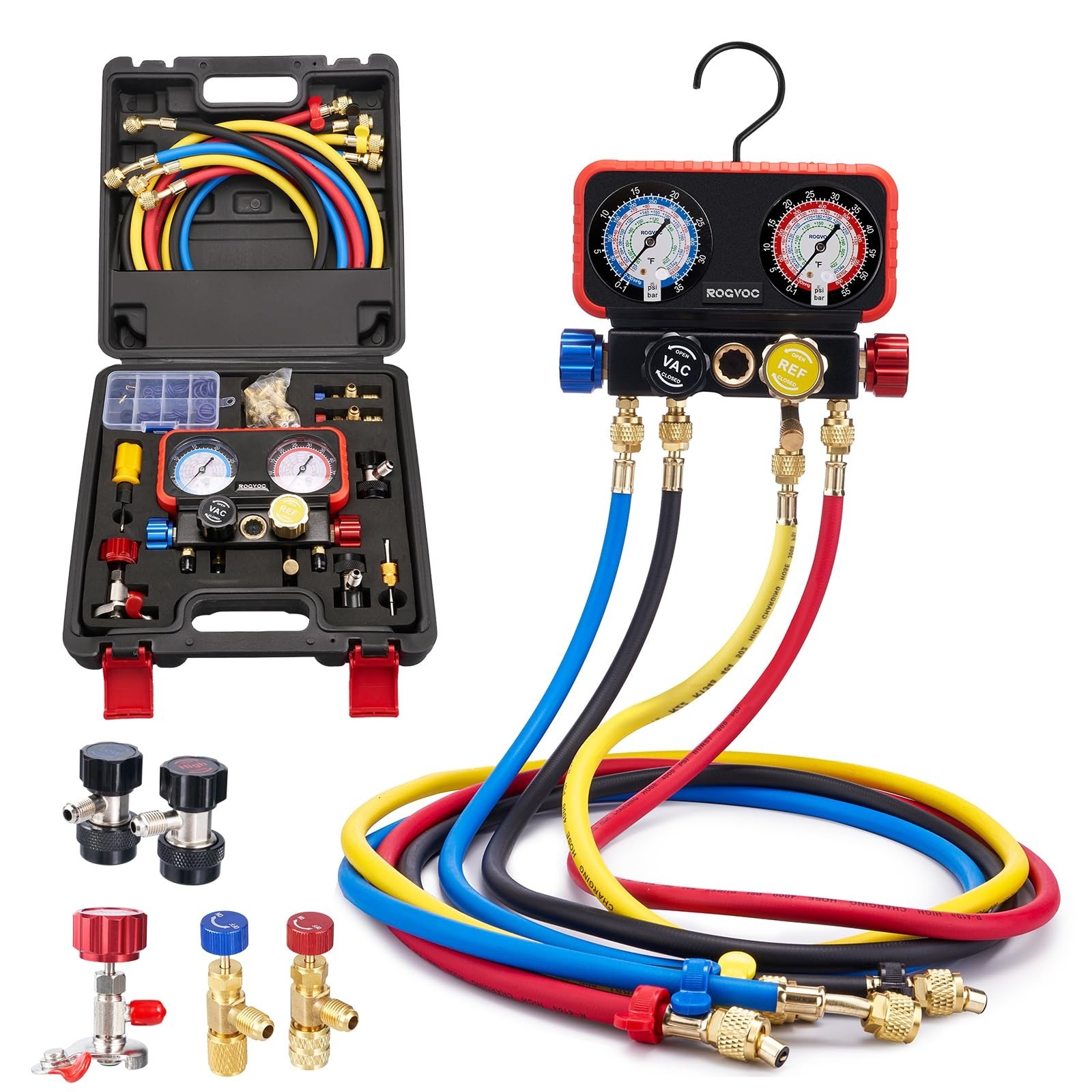 4-Way Manifold Gauge Set for R22/R410A/R134A | AC Charging Gauges, Quick Adapter