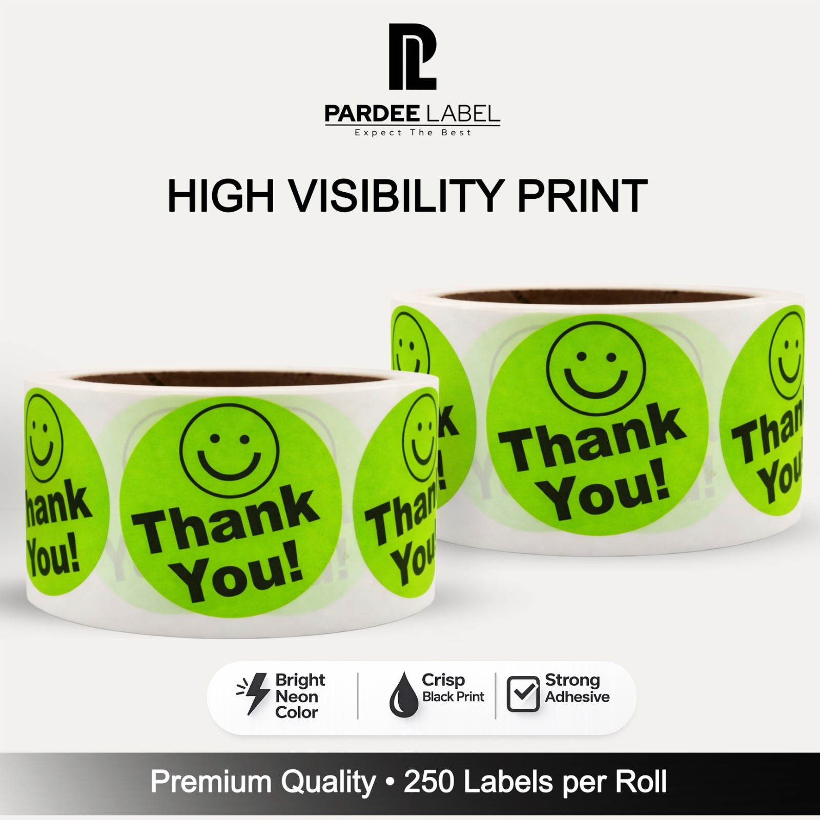 Thank You Stickers Neon Green 2” Circle – 250 Labels Per Roll – Smile Face