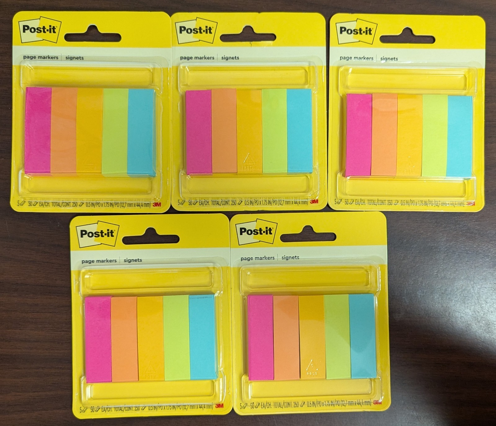 LOT OF 5 – POST-IT 250ct PAGE MARKERS 05.»x 1.75″ EACH = 1250 PAGE MARKERS TTL