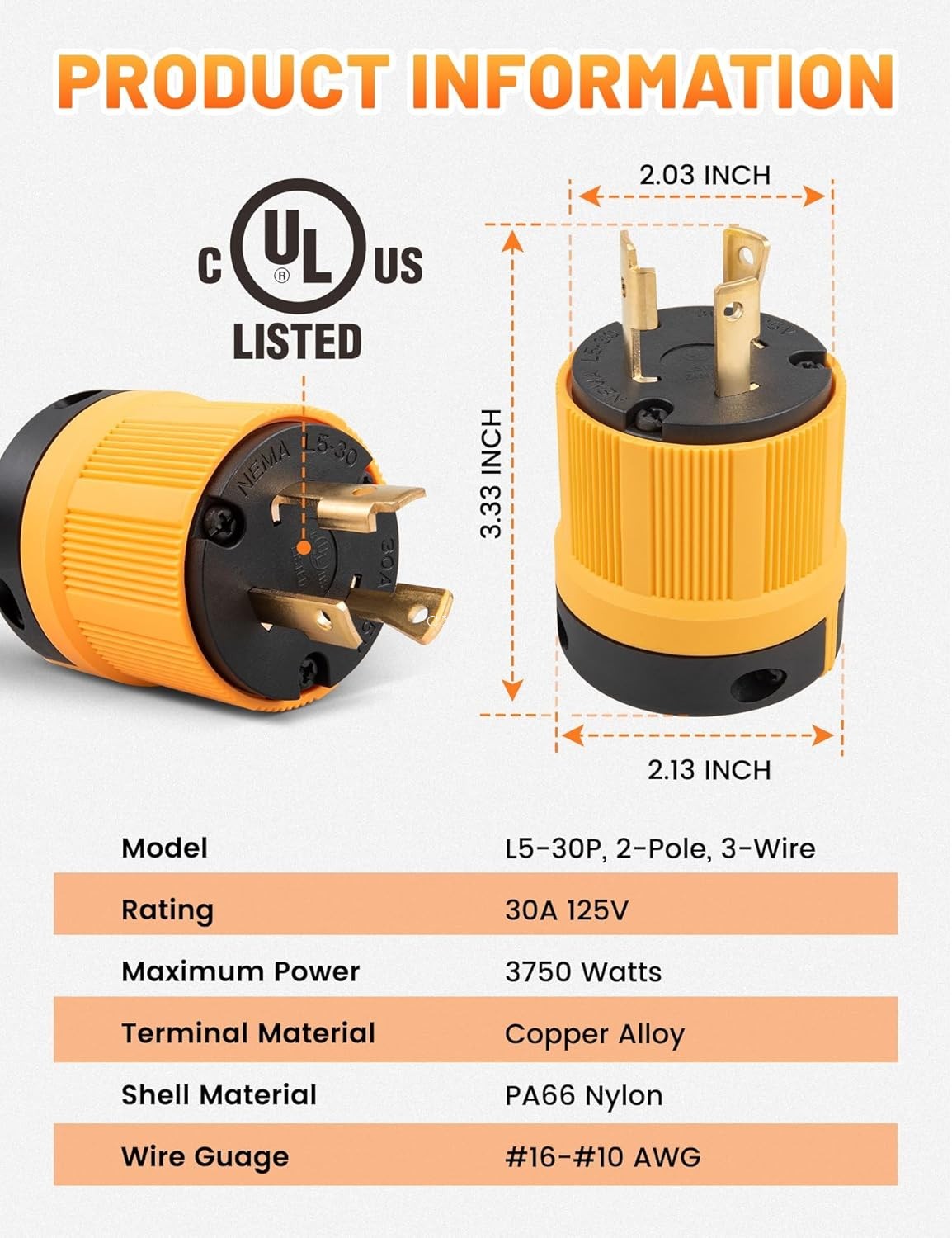 30A 125V NEMA L5-30P Generator Locking Plug UL Listed for RV Marine Caravans