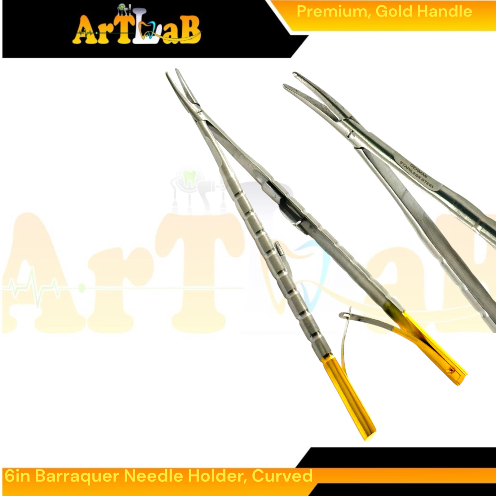 6in Castroviejo-Barraquer Micro Needle Holder, Curved Smooth Tips & Lock Handle