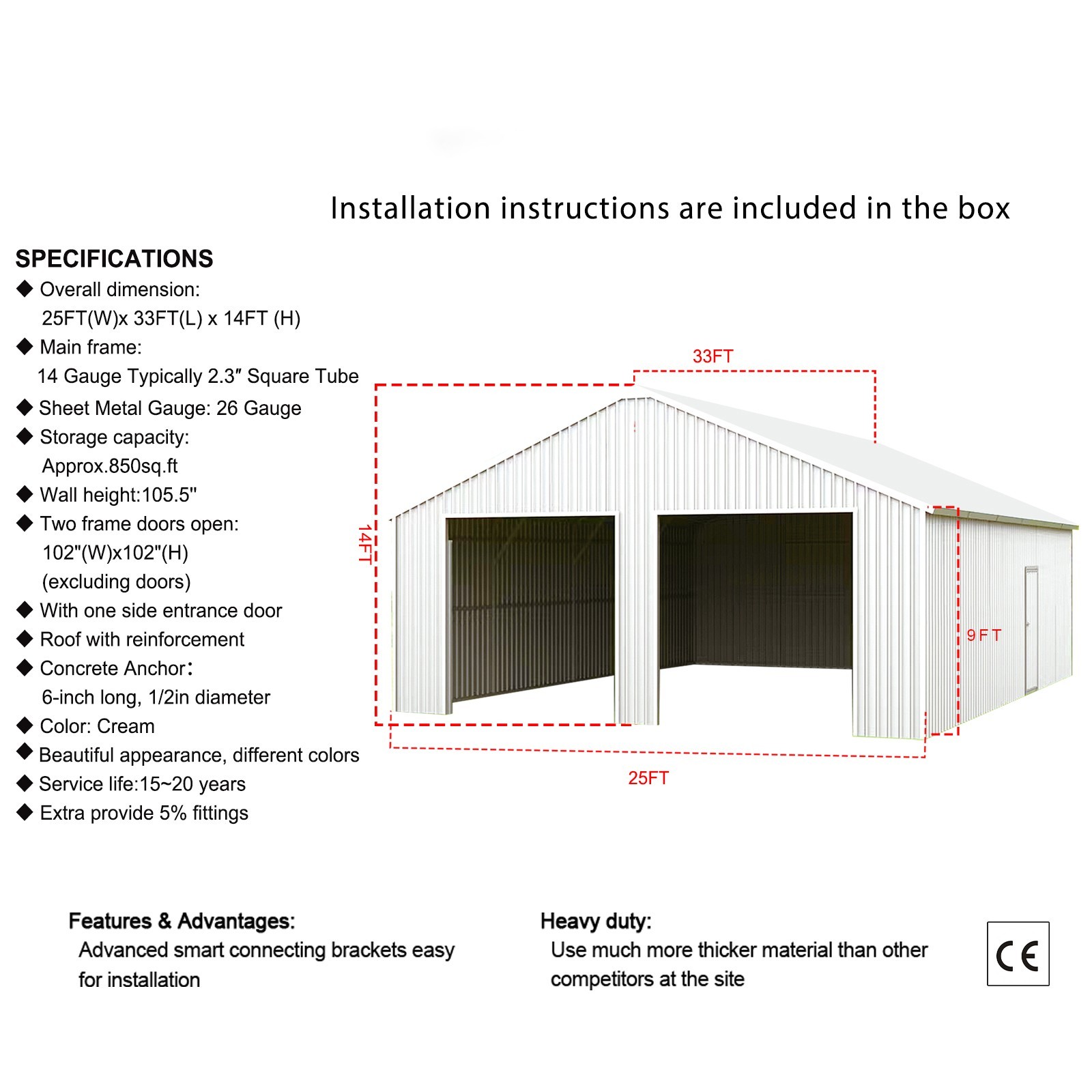 33’x 25’x 14′ Metal Car Garage/Outdoor Storage Shed/Heavy-Duty Steel Barn White