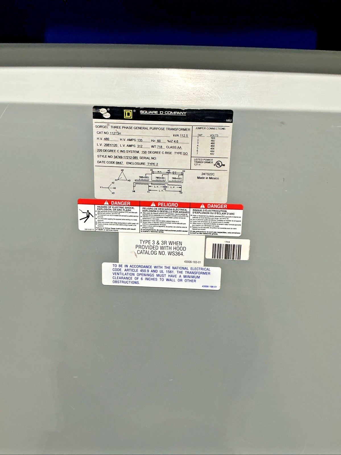 Square D 112.5kVA 480V Type 2 Transformer 3PH 60HZ 208Y/120V 112T3H 🟦