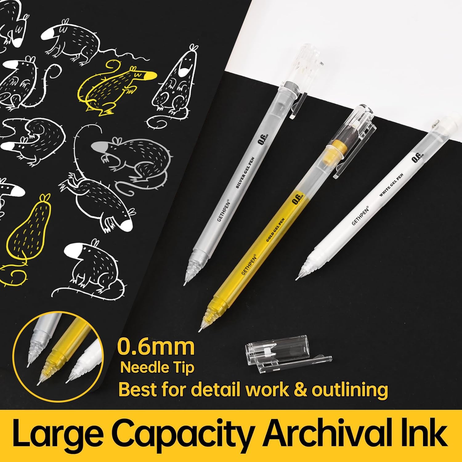 6 PCS White Gold Silver Gel Pen Set 0.6mm Extra Fine Point Opaque Archival Ink