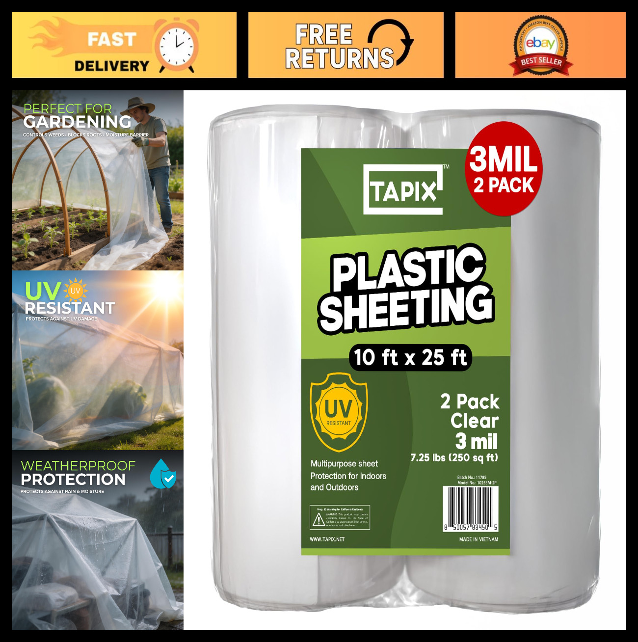 Heavy Duty Plastic Sheeting 10′ x 25′ – 3 Mil UV Protection Polyethylene Film (2