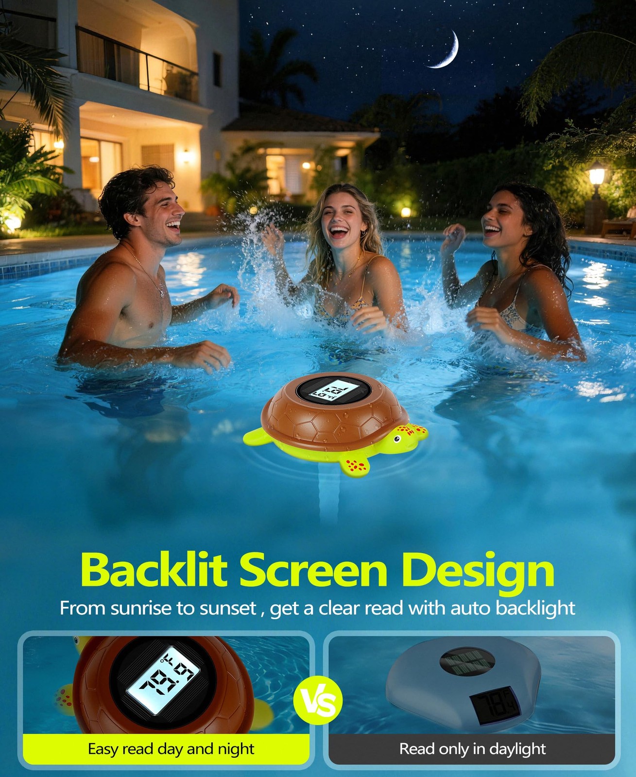 Solar Digital Pool Thermometer with Backlit LCD | ±0.5°F Accuracy, Fast 10s