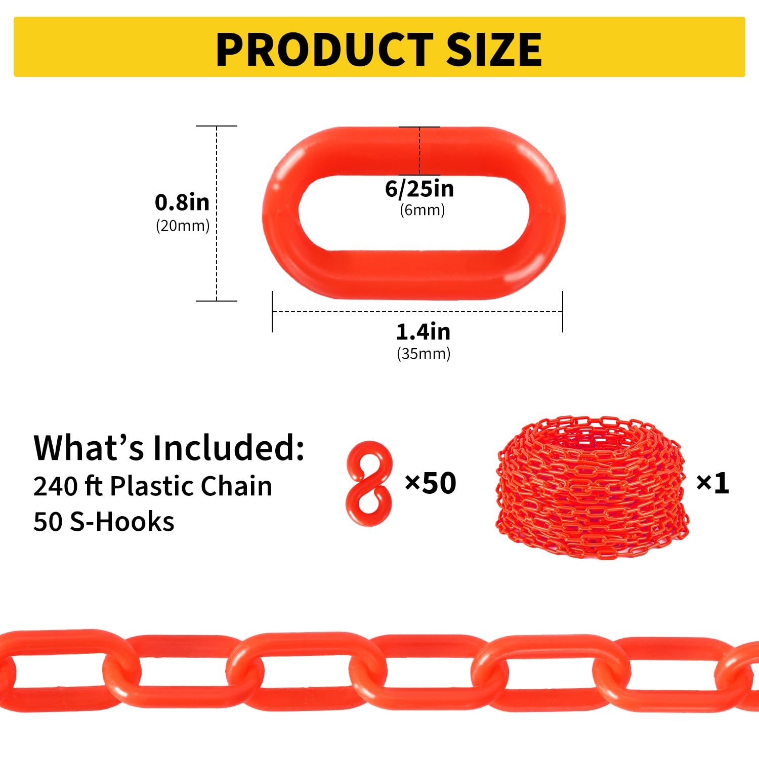 240FT Plastic Safety Chain 1.5in Links 6mm Thick included 50 Hooks Crowd Control