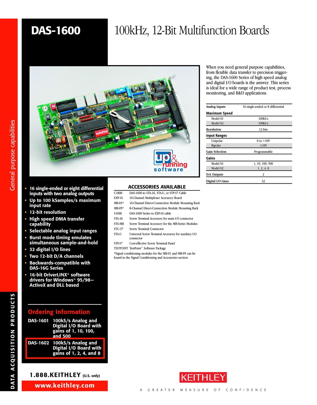 Keithley DAS-1602 100kS/s Analog and Digital I/O Board 8-bit ISA DAQ w/AUX Cable