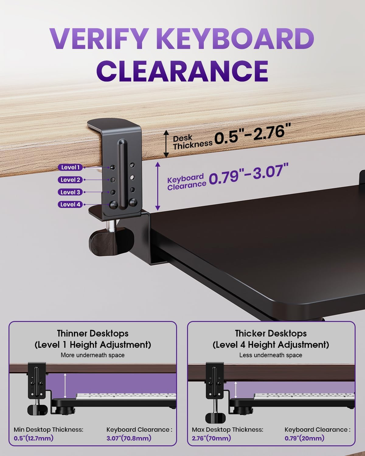 Ergonomic Keyboard Tray under Desk, Pull Out with Adjustable C-Clamp, 25.6 (31.5