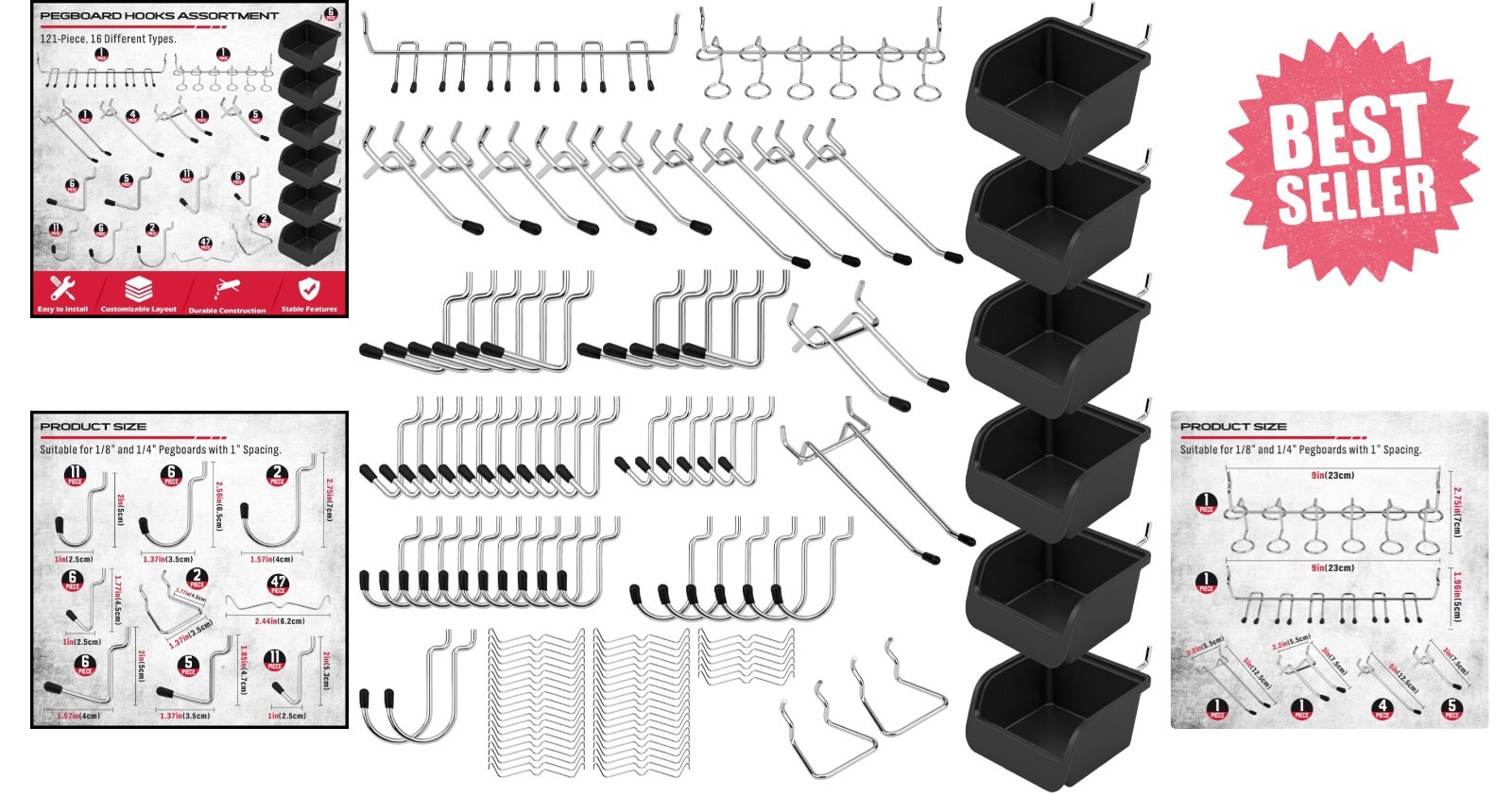 Ultimate 121-Piece Pegboard Hooks Set, Pegboard Accessories with Metal Hooks, Du