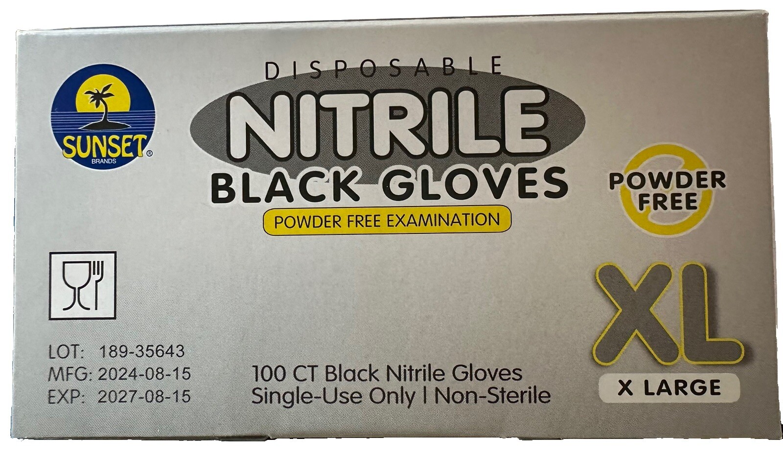 SUNSET DISPOSABLE NITRILE BLACK GLOVES BOX OF 100 EXAM GRADE POWDER FREE XL