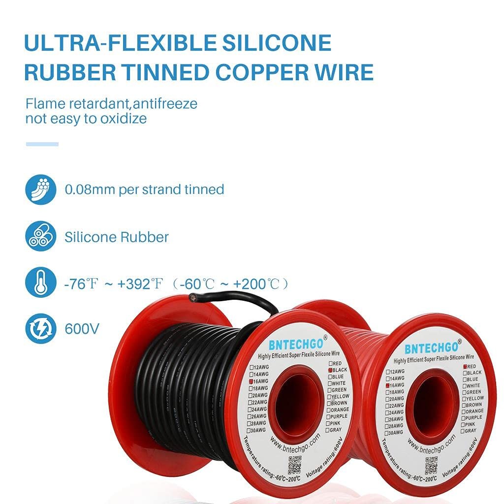 16 Gauge Silicone Wire Spool red and Black Each 50ft Flexible 16 AWG Stranded…