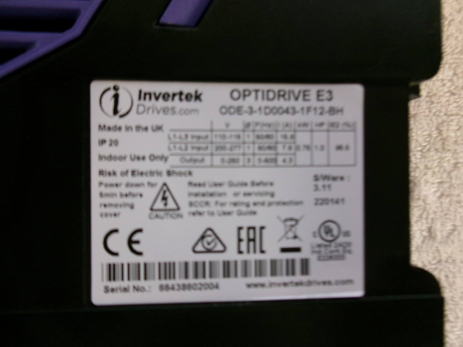 Invertek OPTIDRIVE E3 VFD Drive 1HP 0.75kW ODE-3-1D0043-1F12-BH