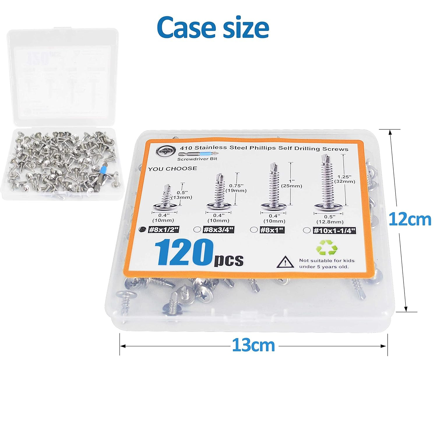 #8 X 1/2″ Sheet Metal Screws 410SS, Truss Head, Self-Tapping, 120PCS + Bit