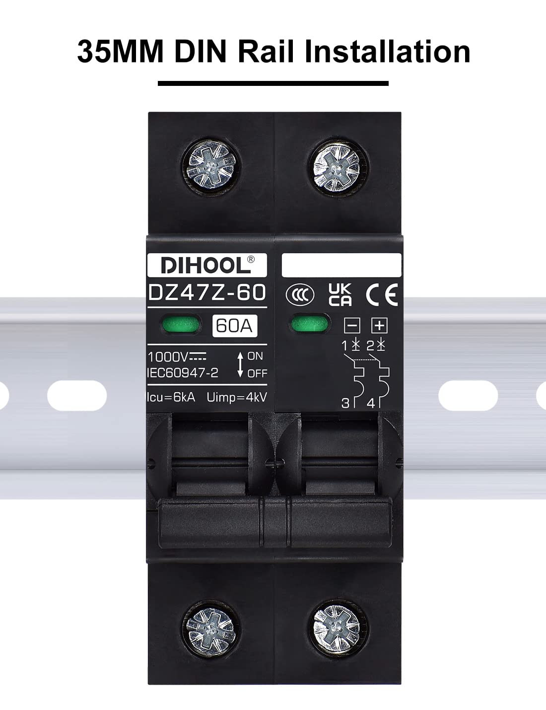 60 Amp DC Circuit Breaker DIN Rail Mount Solar Disconnect Switch 2P 1000V