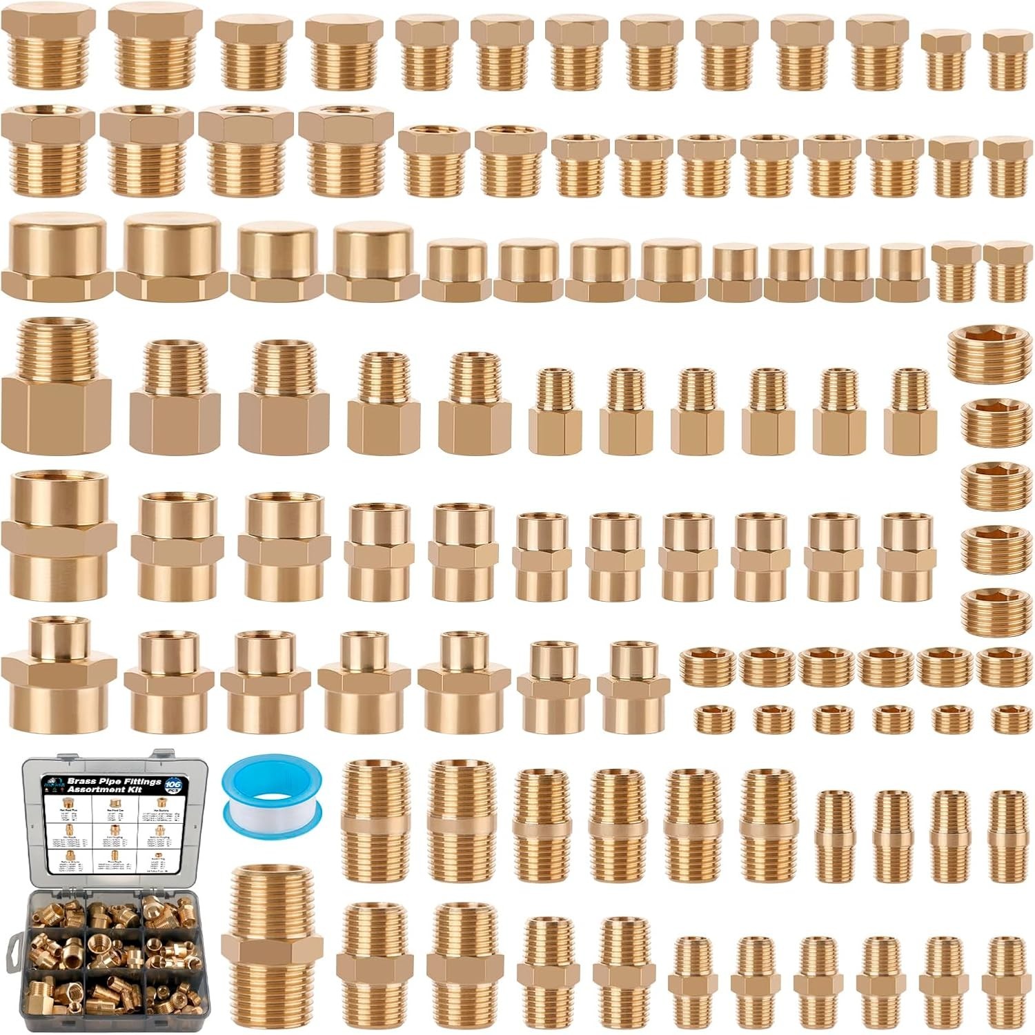 106PCS Brass Pipe Fittings Assortment Kit NPT Extension Adapter,Reducer Bushing,