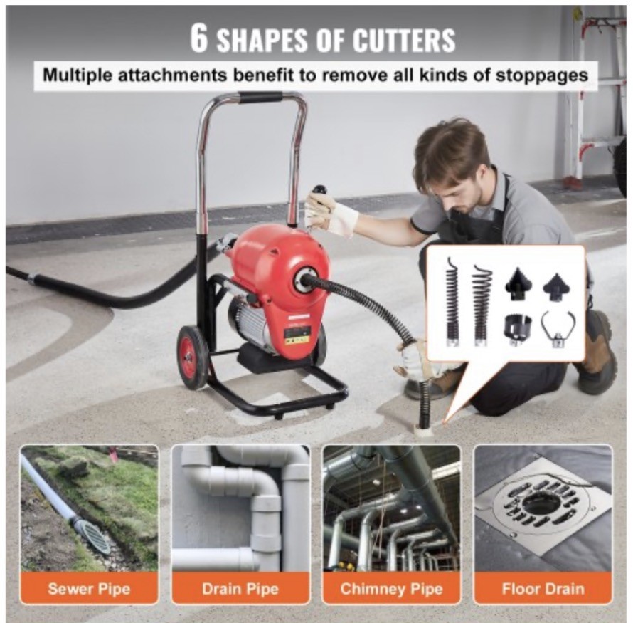 GQ-200B Drain Cleaner 1100W w/ 120 ft Steel Cable, 5inch Thickness