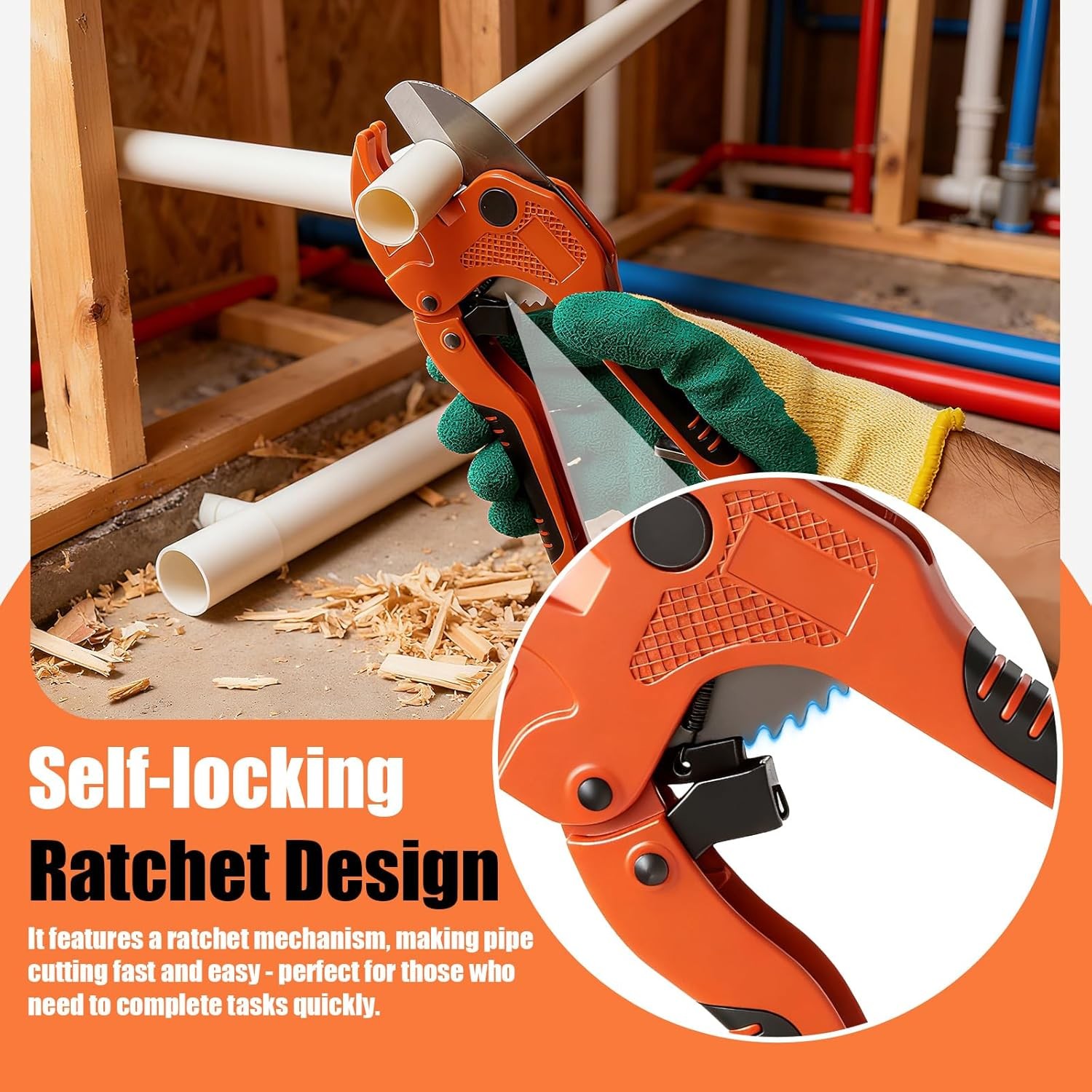 One-Hand PVC PEX Pipe Cutter Ratchet V-Blade SUS420 Cuts to 1-1/4″ for Plumbing