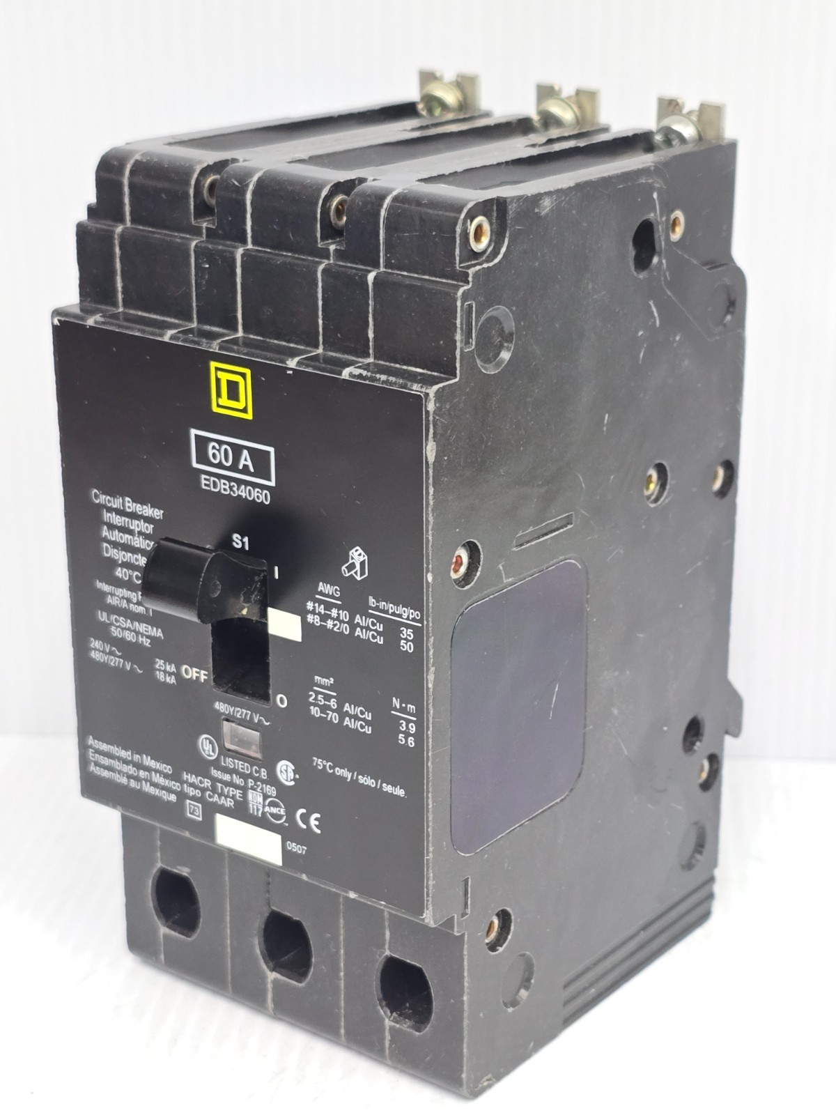 Square D 60 Amp Bolt-On Circuit Breaker 480Y/277 VAC 3 Pole 25 kA EDB34060