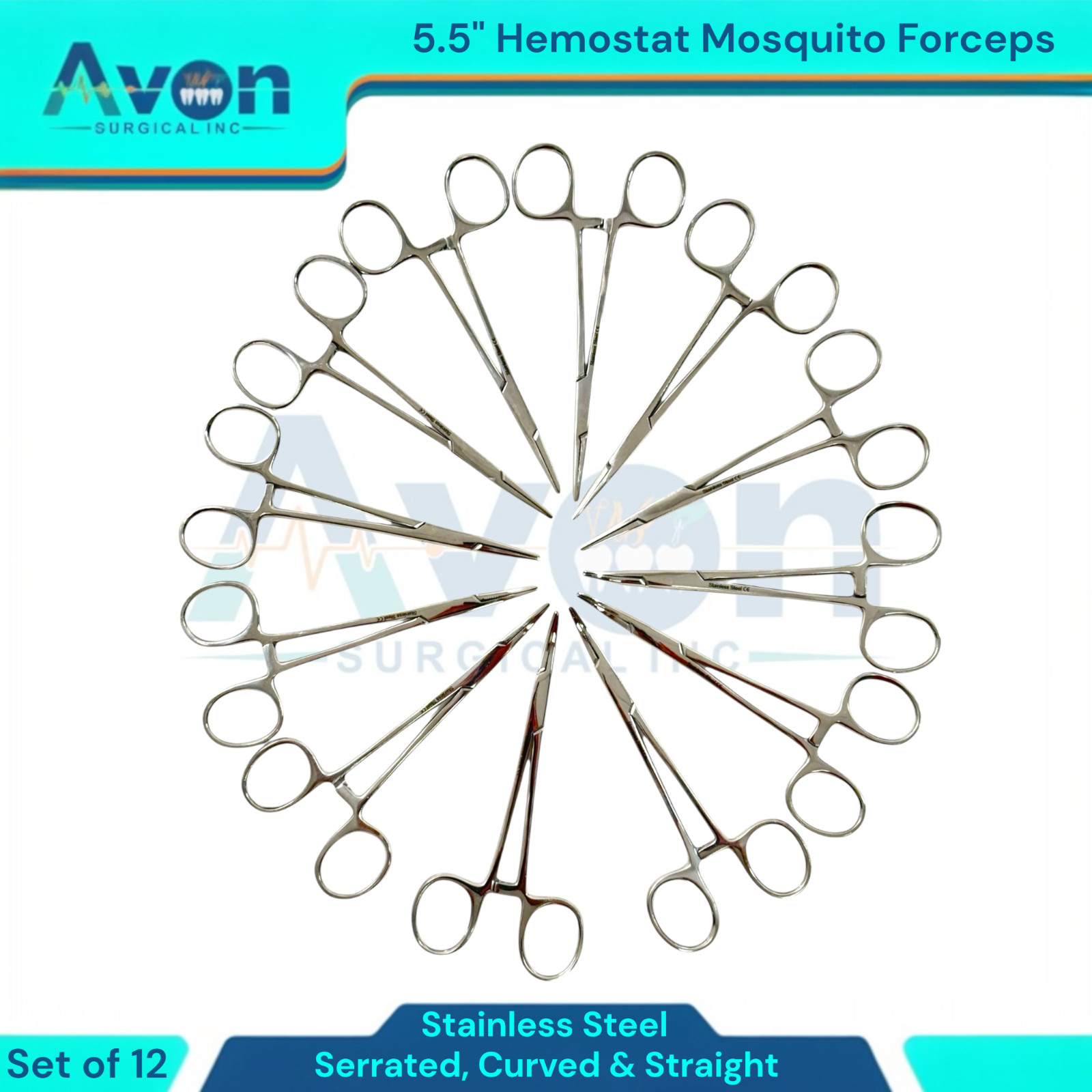 5.5in Hemostat Locking Mosquito Forceps Clamps | Cur+Str, Serrated | 12pc Lot