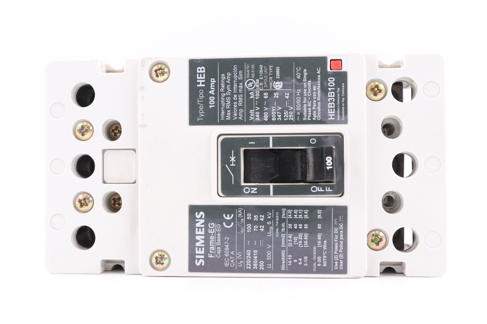 SIEMENS HEB3B100 100A 3-POLE HEB CIRCUIT BREAKER, 65KA@480V HACR